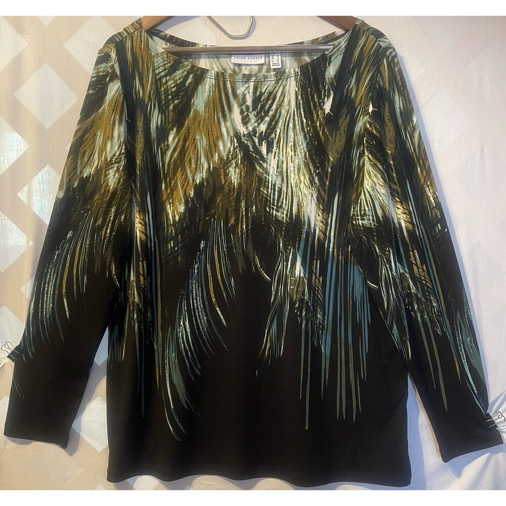 New SUSAN GRAVER  Feather Print Earthy Colors Liquid Knit Tunic L Boho